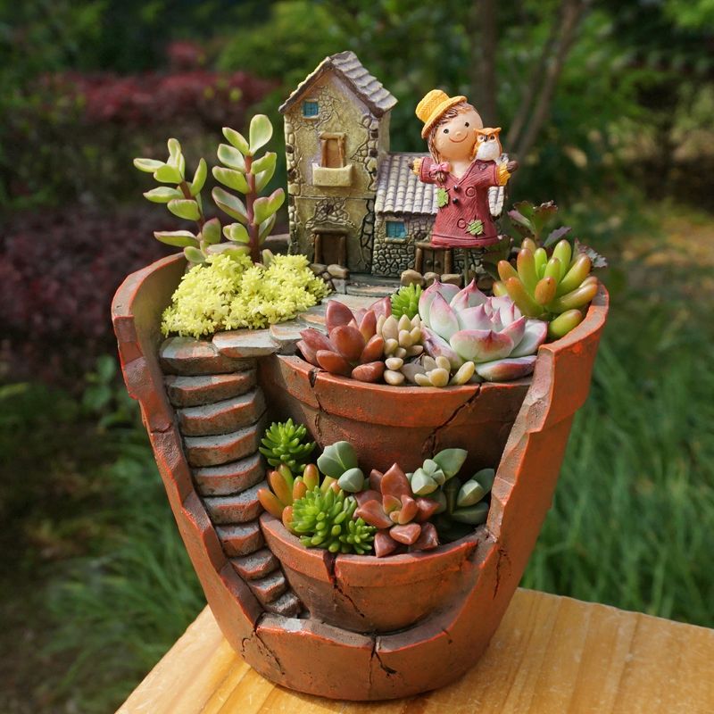 Vtete 7.5 Inch Succulent Plant Container Box with 4 Pcs Faux Plants and 30 Pcs Miniature Fairy Ornament DIY Kit 