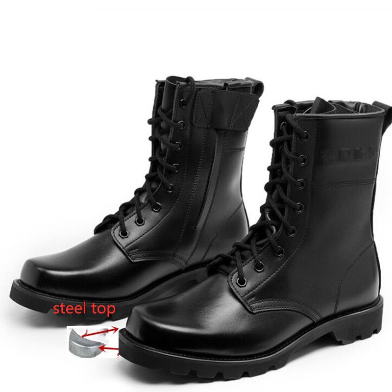 black leather steel toe military boots