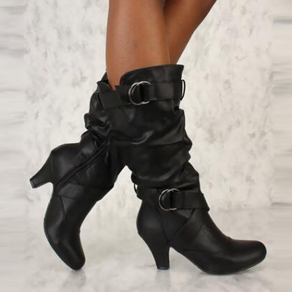 Women Boots Black Mid Calf Boots High 