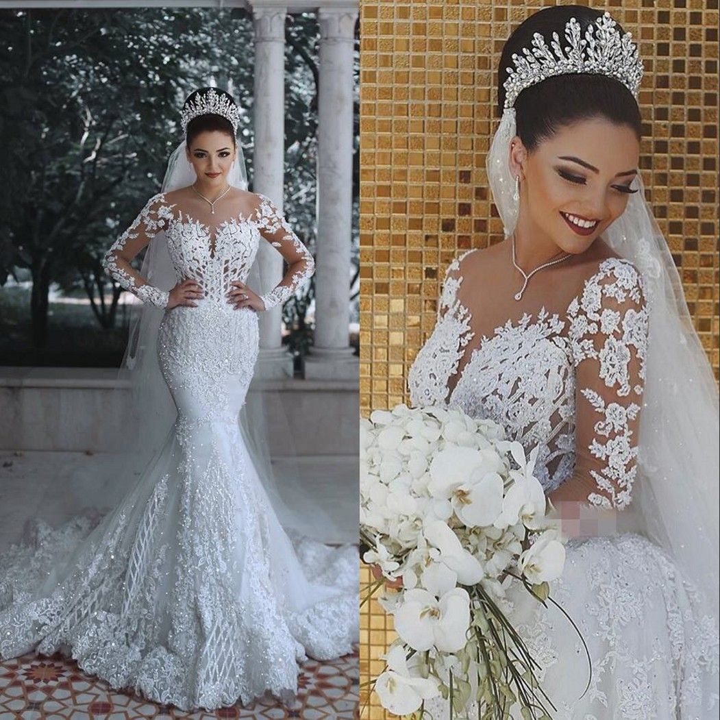 Wedding Dresses 2019 Beach Lace Tulle Overskirt Long Sleeves Mermaid Wedding Dress Count Train African Cheap Bridal Gowns Robe De Mariée Wedding Dress