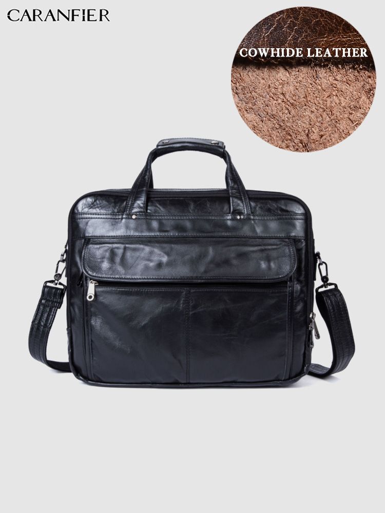 CARANFIER Men Shoulder Messenger Bags Genuine Cowhide Leather Laptop Satchel