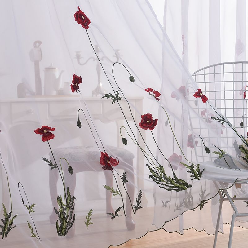 Discount Classic White Sheer Embroidered Red Flower Curtains Tulle For