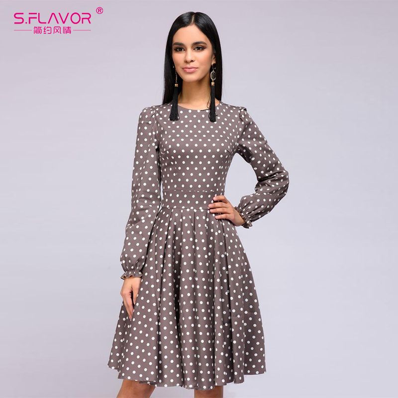 Compre S. FLAVOR Mulheres Outono Vestido Até O Joelho Venda Quente O Pescoço Manga Comprida Ponto De Onda Vestido Com Babados Mulheres Elegantes Vestidos De Verão Y190121 De Shenyan01, $126,79 | Pt.Dhgate.Com