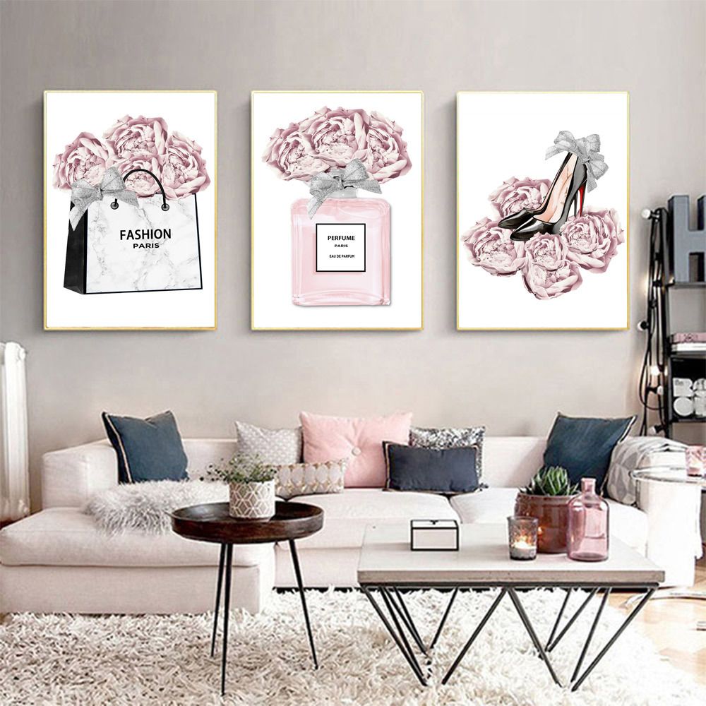 Meetdeceny Black And White Wall Art/Pink Book Pictures Room Decor for Teen  Girls/Women Handbag Perfume Wall Decor for Living Room/Fashion Canvas