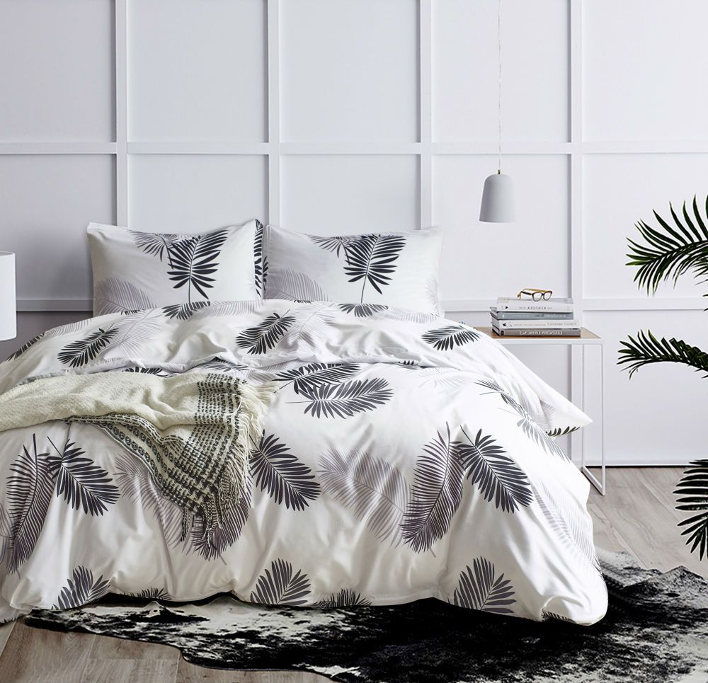 Black White Bed Cover Set 2 Green Gold Palm Leaves Bedding Set