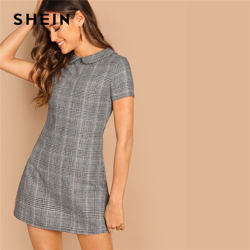 Compra Shein Gris 100% Algodón Peter Pan Cuello De La Tela Escocesa De La  Envoltura Corta De Manga Corta Vestido Acampanado Otoño Elegante Dama  Moderna Vestidos De Las Mujeres Barato | Entrega