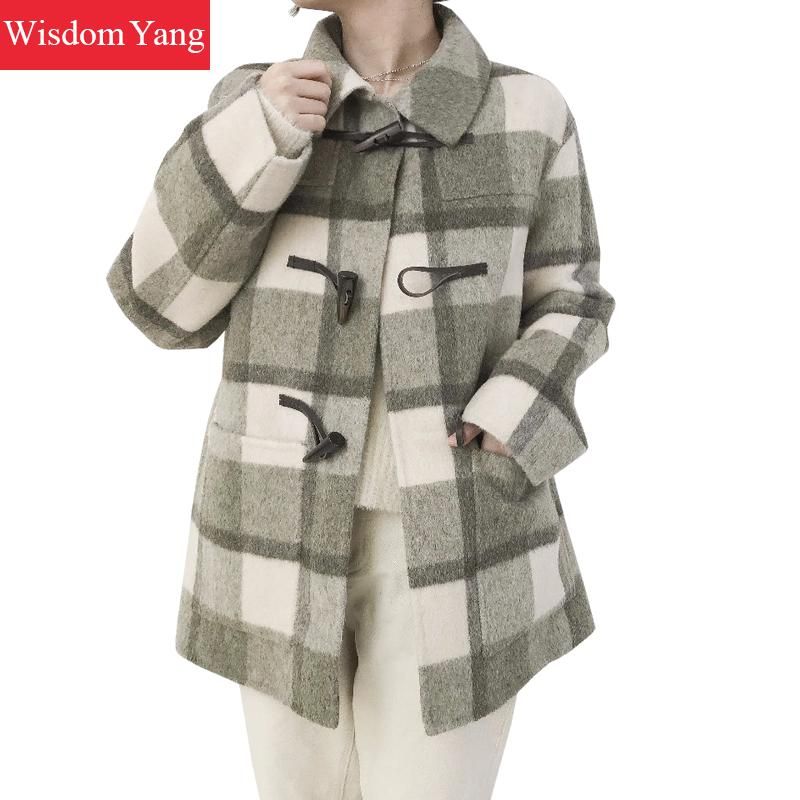 Winter Women Warm Loose Size Short Dress Coat Plaid Retro Woolen Coat Wool Coat