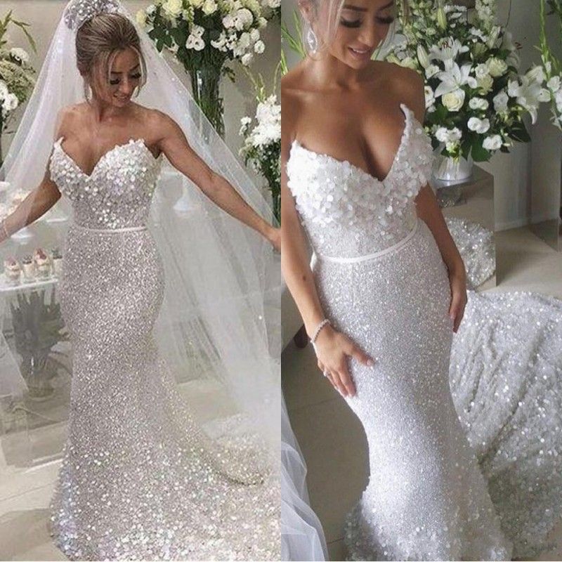 white sequin mermaid wedding dress