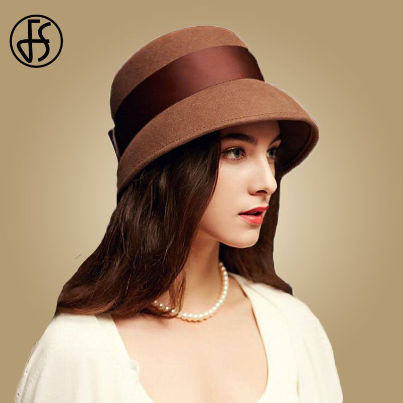 FS 2018 otoño invierno 100% lana sombreros mujeres ancho ala vintage marrón fedora
