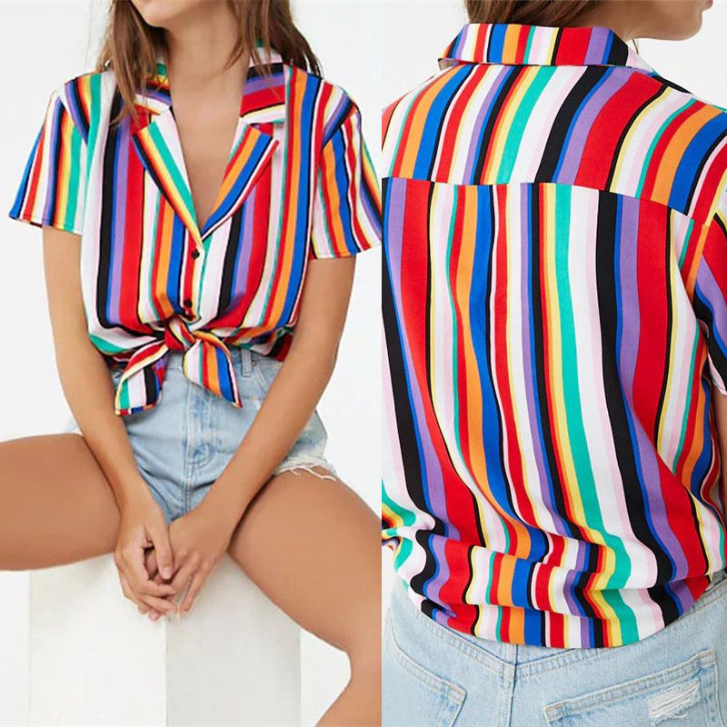 Blusas de camisa gasa para mujer Colores de manga corta Camisa de gasa de rayas