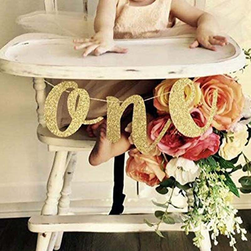 Gold Glitter One Banner For Prince Princess Baby Boy Girl 1st