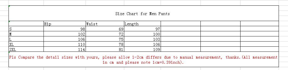 Mens Joggers Size Chart