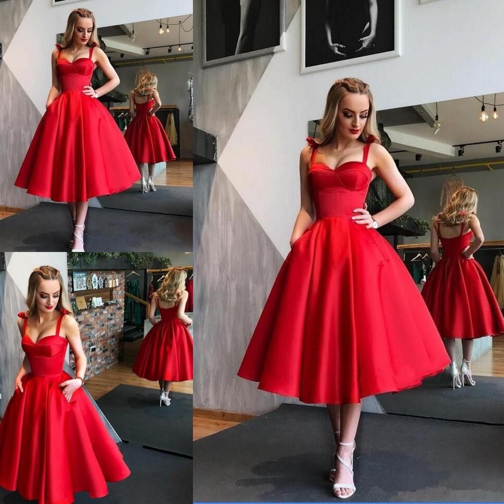Vestidos de cóctel 2019 elegante una línea roja satén vestidos fiesta cariño sin mangas sin