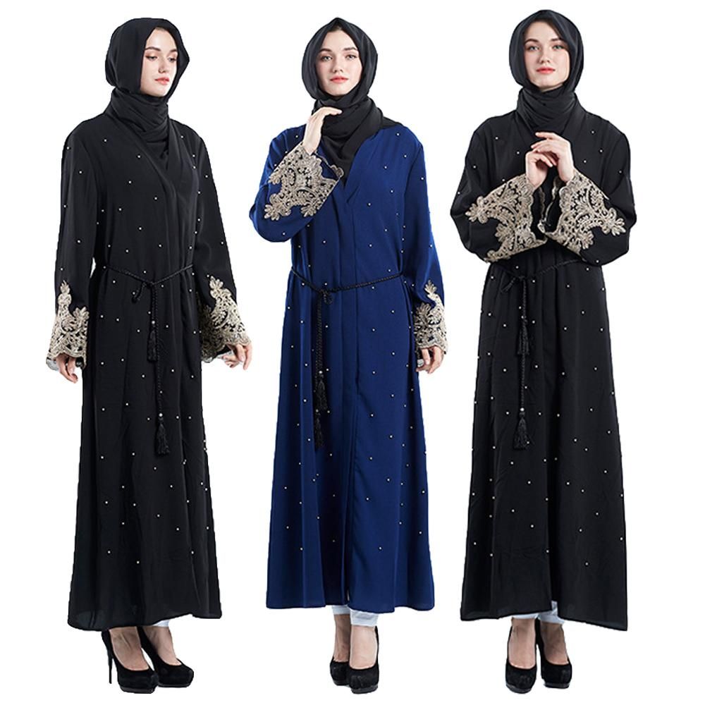 Dubai Beaded Kaftan Muslim Open Abaya Maxi Party Dress Arab Jilbab Robe Cardigan