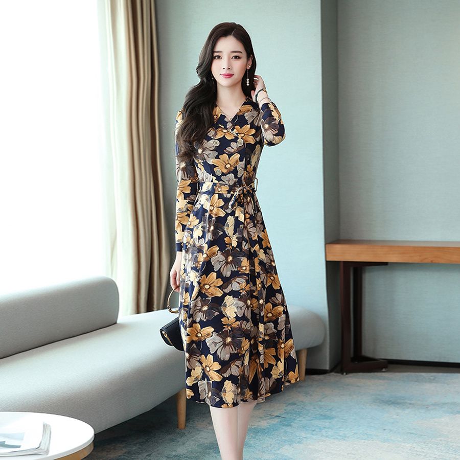 2019 Vintage Print Midi Dresses Autumn Winter Female 3XL Plus Size