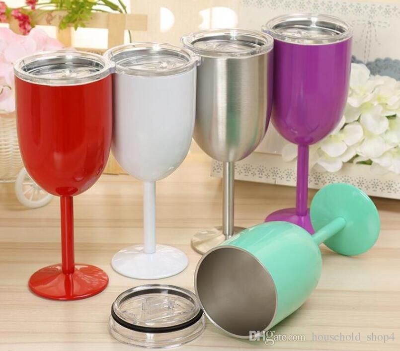 10oz Double Wall Cocktail Tumbler Wine Cup Eggshell Stainless Steel Mug With Lid 