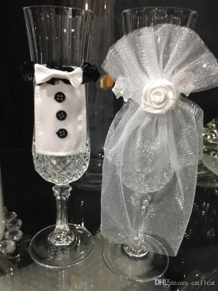 DIY Gifts Bridal Veil Bow Tie Wine Glasses Decor  Bride & Groom Wedding Favors