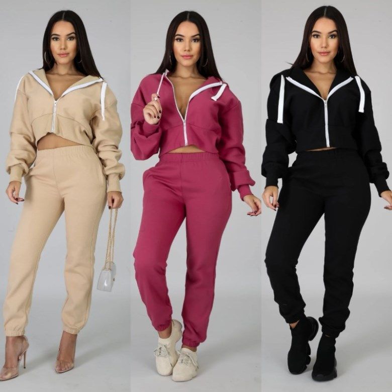Women Hooded Long Sleeve Striped Coat Outer Wear Bodycon Long Pants Outfits 2pcs