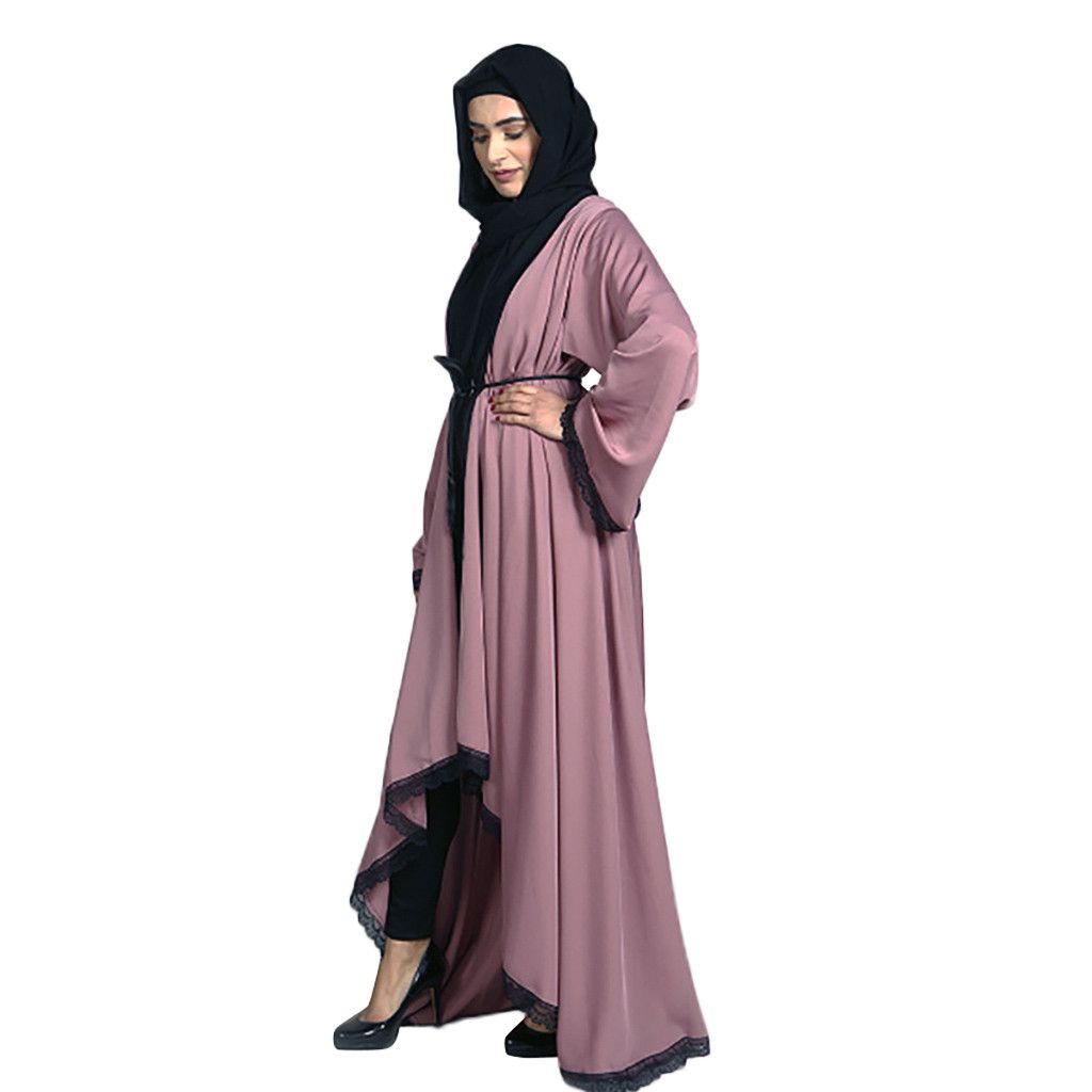 Muslim Dubia Style Abaya Kaftan Cardigan Jilbab Islamic Maxi Dress Chiffon Lace 