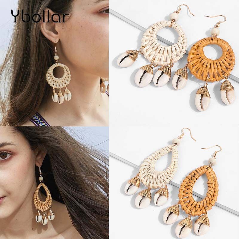Pendientes Colgantes De Paja Redondos De Estilo Bohemio 