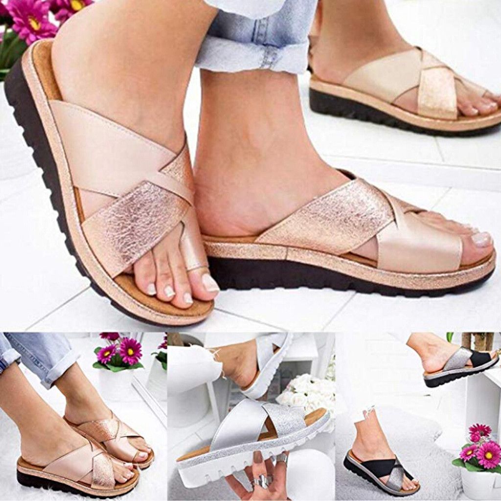 Comfy Platform Flat Sole PU Leather Shoes for Women Casual Soft Big Toe Foot Correction Sandal with Orthopedic Bunion Corrector