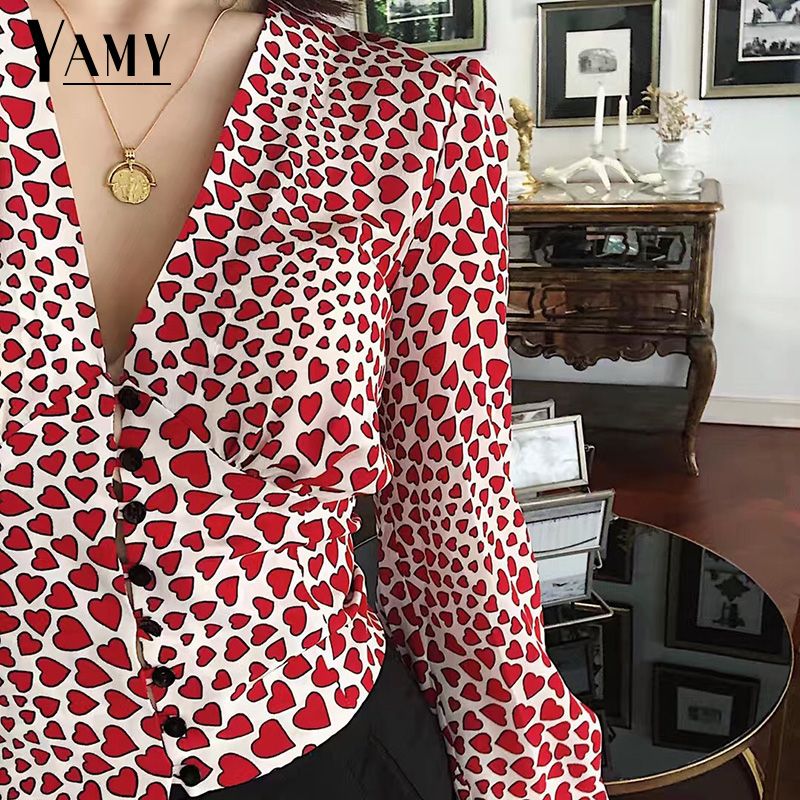diseñador exprimir Nueva llegada blusa entallada de manga larga para mujer tops y blusas de impresión  corazón botones túnica camisas