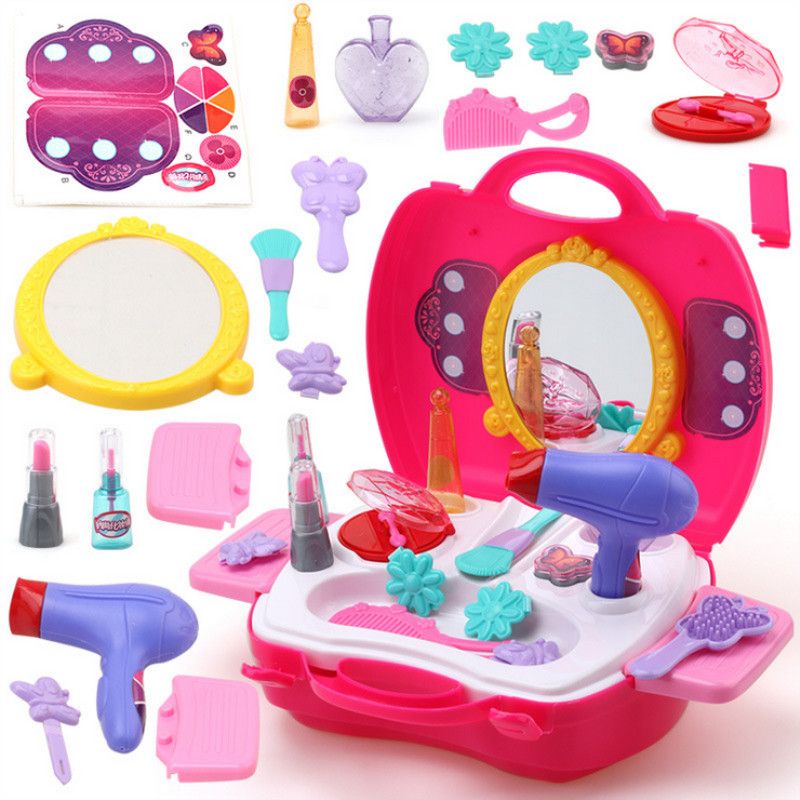 Juego de simulación de maquillaje de juguete 21pcs / set de maquillaje conjunto de peluquería simulación de juguete de plástico para niñas vestirse bolsa de cosméticos bolsa de transporte Juego de simulación de maquillaje de juguete 21pcs / set de maquillaje conjunto de peluquería simulación de juguete de plástico para niñas vestirse bolsa de cosméticos bolsa de transporte