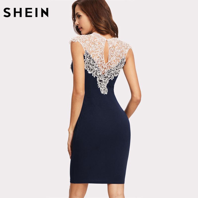 Compra SHEIN Vestido De Fiesta De Mujer Azul Marino De Encaje Floral Forma  De Yugo Ajuste De Encaje Contraste Color Bloque Vestido De La Envoltura Sin  Mangas Y190121 Barato | Entrega Rápida
