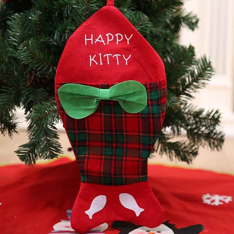 Zerowin Christmas Stockings Xmax Tree Hanging Xmas Decoration Fish//Bone Gift Candy Bag Xmas Fireplace Ornament happy kitty
