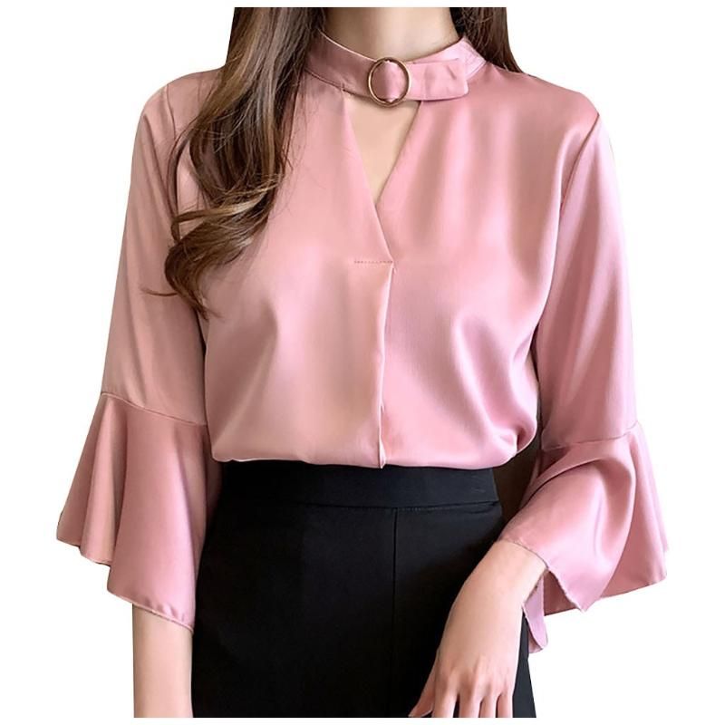 Compra Blusas De Las Mujeres Camisas Mujeres Elegante Rosa Camisa De  Oficina Ocio Blusa De Ocio Suelte Color Sólido V Cuello Salpicioso Funda  Con Volantes Top De Gasa Barato | Entrega Rápida