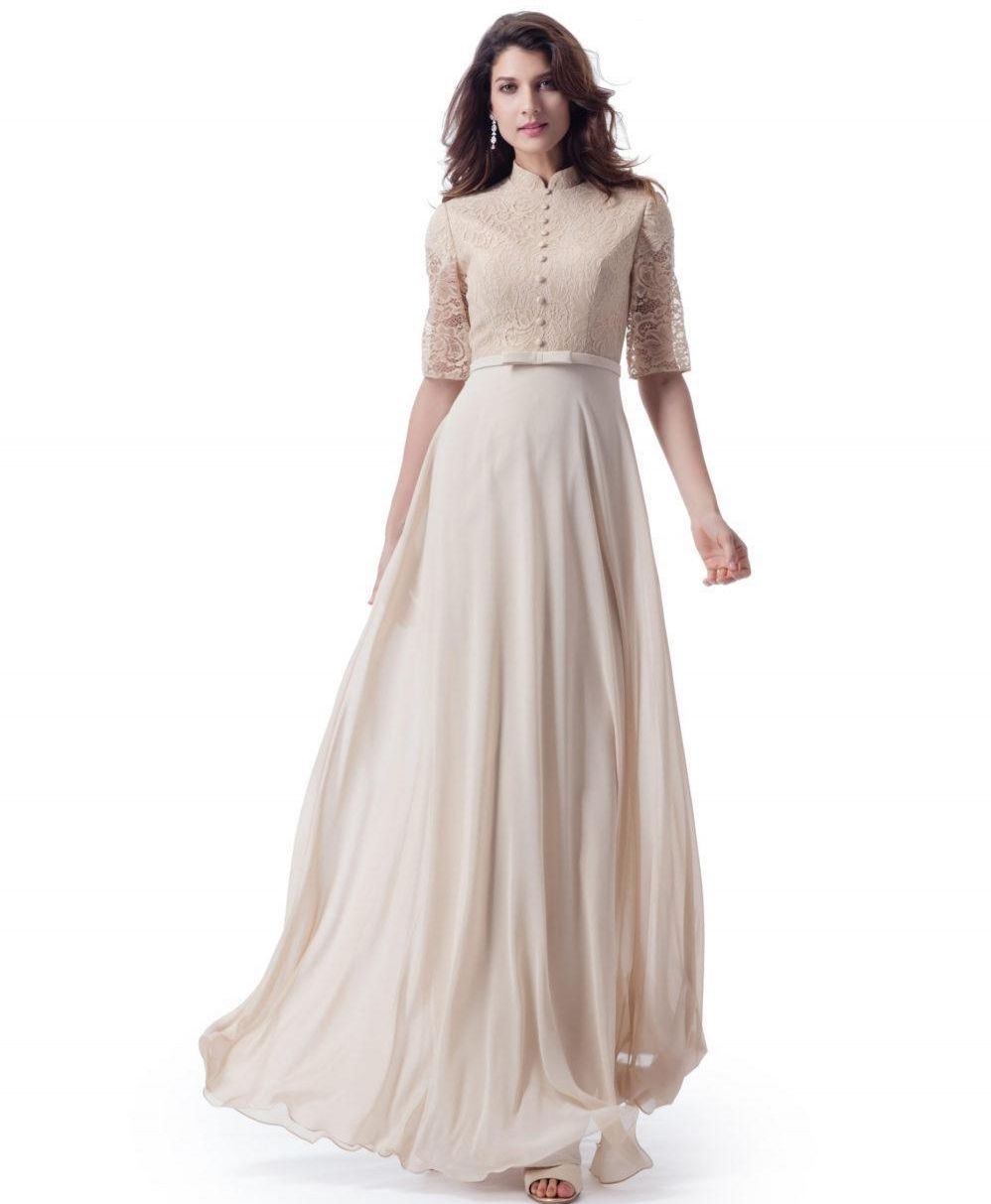 Champagne Lace Top Chiffon Long Modest Bridesmaid Dresses With High
