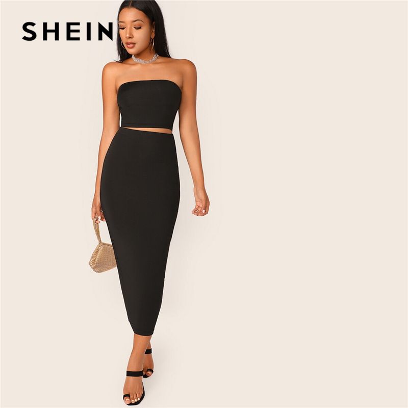 Compra Shein Negro Sólido Tubo Crop Top Y Falda Tubo Largo Conjunto Del  Ajuste 2 Piezas Juego De Piezas Verano De Las Mujeres De Boho Elástico  Flaco Dos Barato | Entrega Rápida