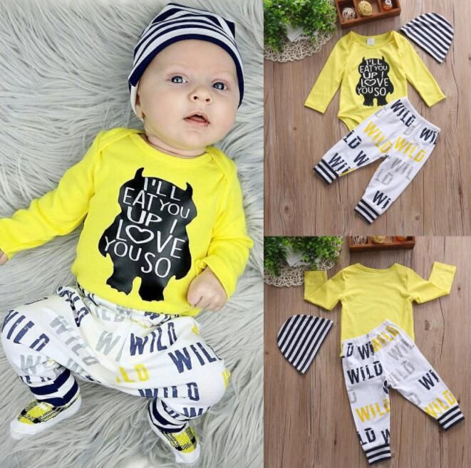 los niños al por mayor de ropa de diseño Recién nacido de la manga impresa letra del oso amarillo Romper + pants + hat 3pcs ropa de diseño para niños niño bebé