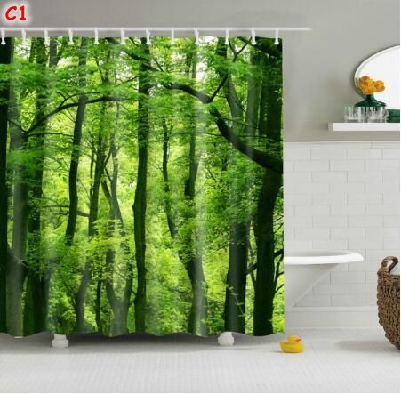 Green Plant Leaf Print Shower Curtains for Bathroom Waterproof Polyester F L4D6