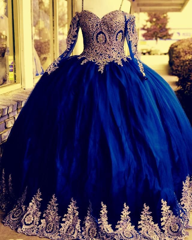 Amazing Royal Blue With Gold Applique Quinceanera Prom Dresses