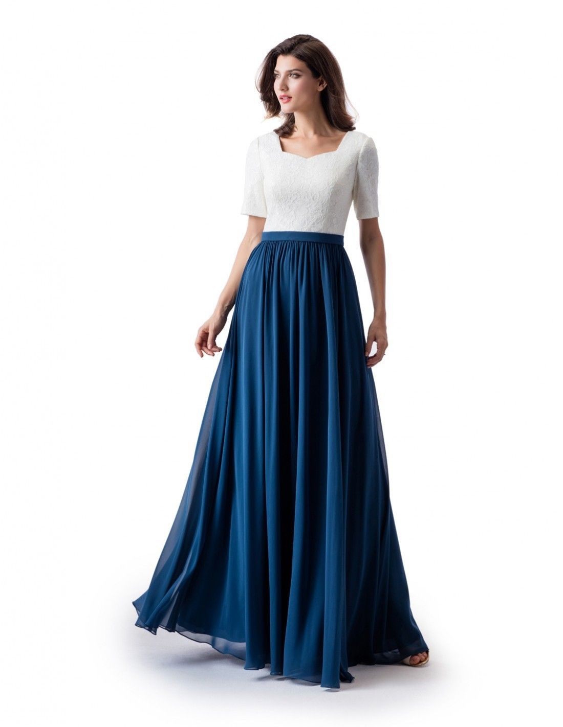 New A Line Long Modest Prom Dress With Short Sleeves Lace Top Chiffon Skirt Women Formal Modest