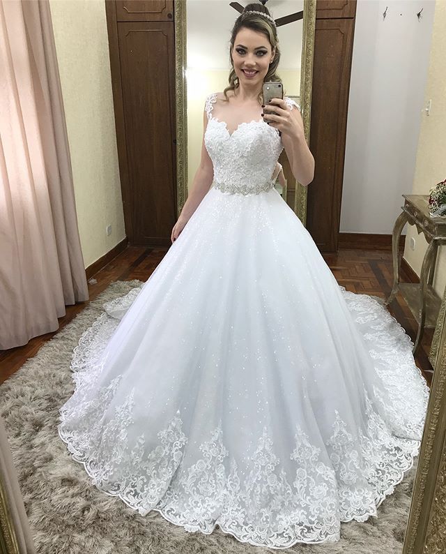 Discount Bling Bling Lace Wedding Dresses Sweetheart Applique Sweep ...