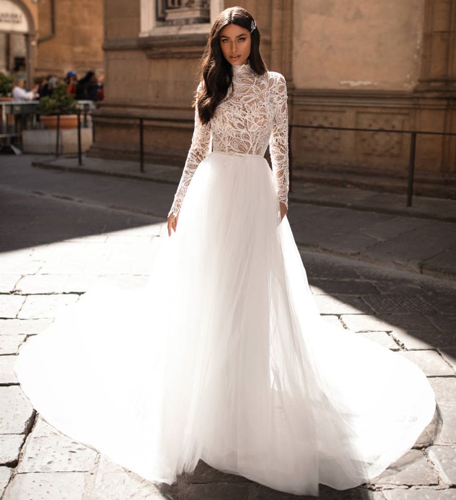 NUOVO INCREDIBILE LUNGO Abito Da Sposa 2020 Maniche Lunghe Con Collo Alto A  Line Lace Tulle Abiti Da Sposa Vestido De Noiva Longo Robe Mariage Da  244,45 € | DHgate Italy