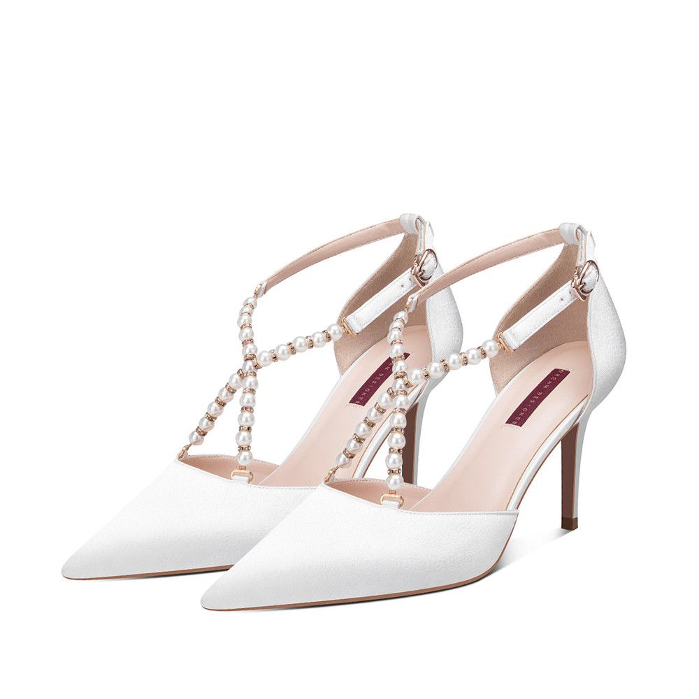 Downton Handmade Pearls Ankle Strap Wedding Shoes Cross Straps