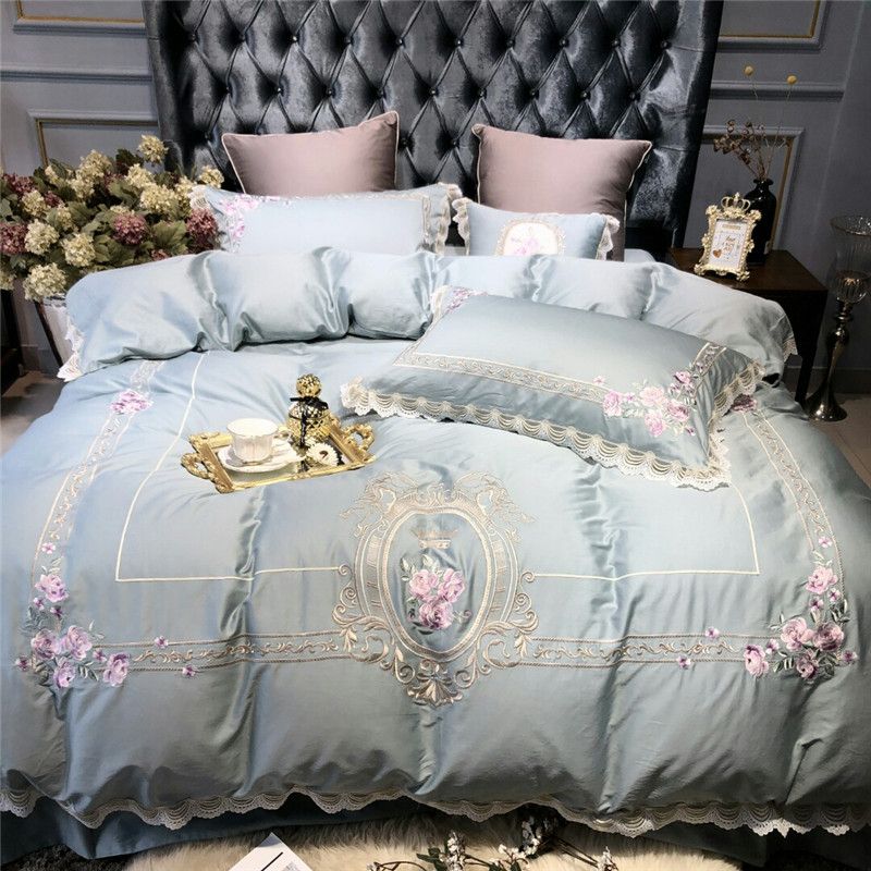 Light Blue Luxury European Pastoral Embroidery Egyptian Cotton