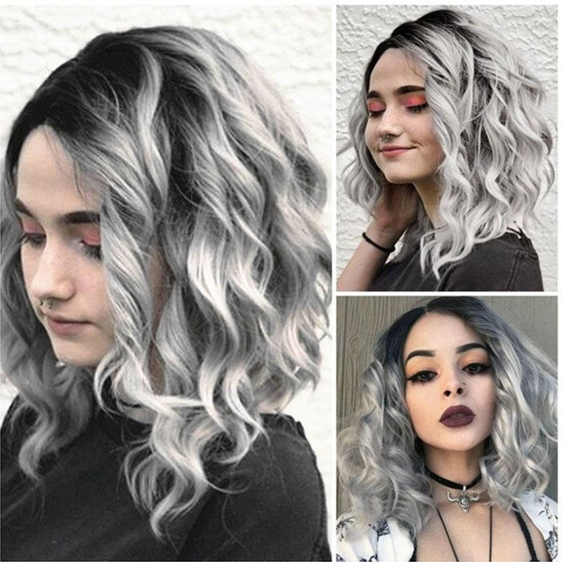 Fashion Silver Ombre Short Bob Wigs Natural Wavy Curly Synthetic