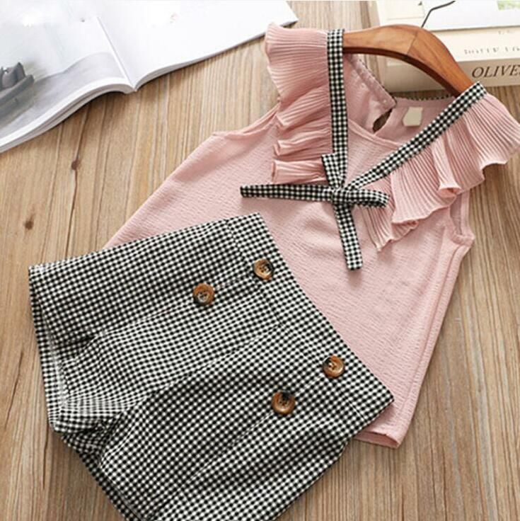 2Pcs Toddler Baby Girls Summer Clothes Set Sleeveless Ruffled Stripe Chiffon T-Shirt Top Vest Black Shorts Pants