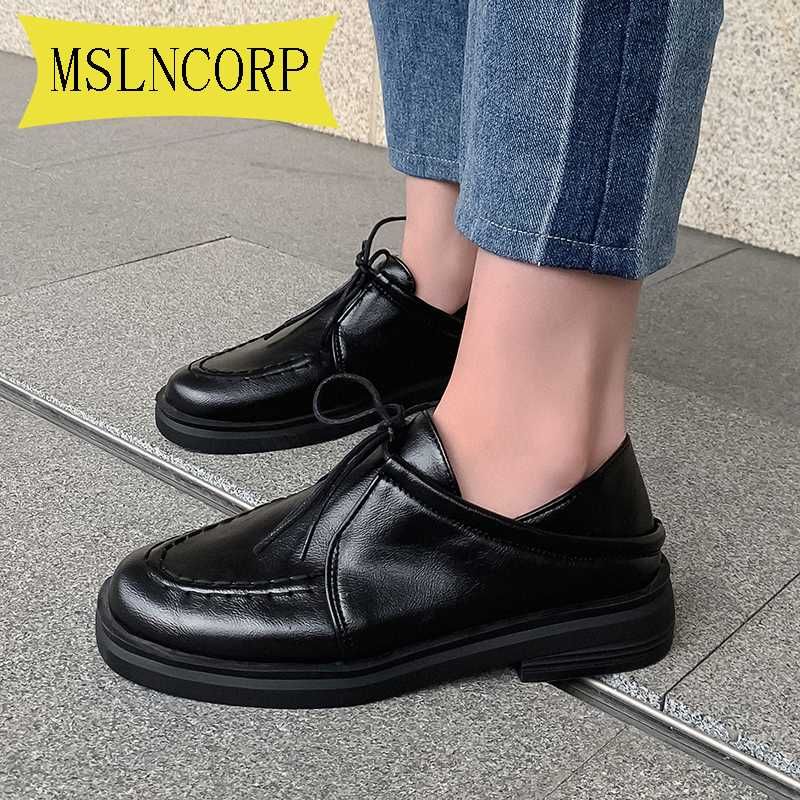 retro genuine leather plaid lace up shoes