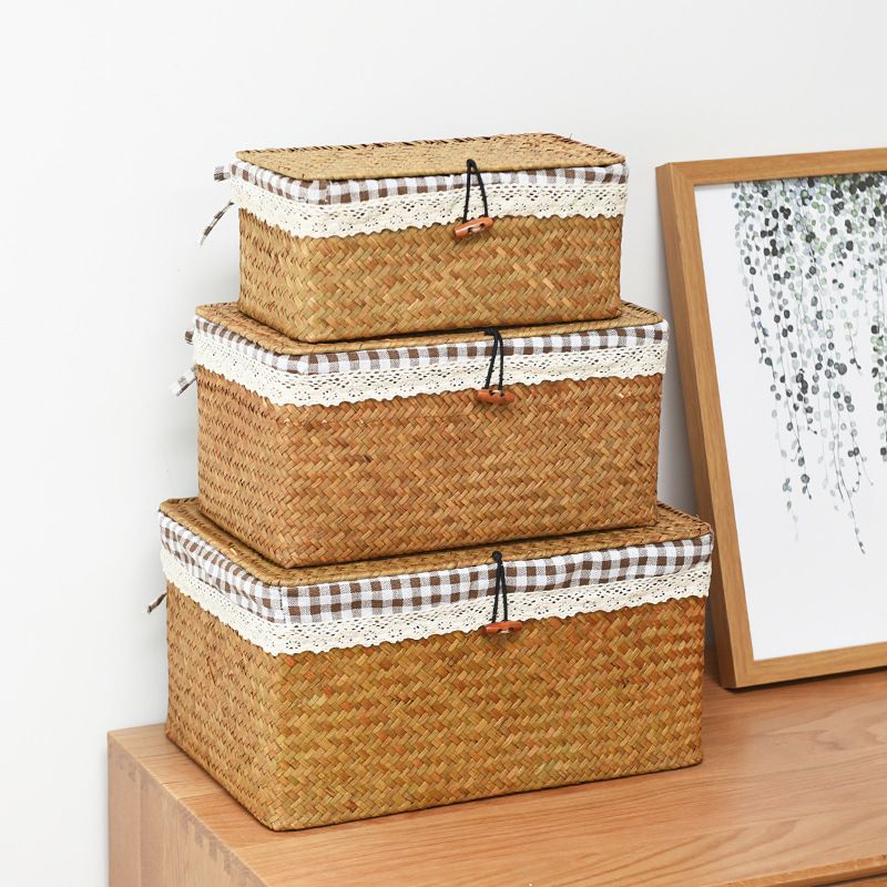 2021 Woven Storage Basket Square Seagrass Lined Wardrobe Sorting Clothes Sundries Cosmetics Cd Underwear Home Seaweed Box With Cover From Ecofriendlyshop 32 85 Dhgate Com