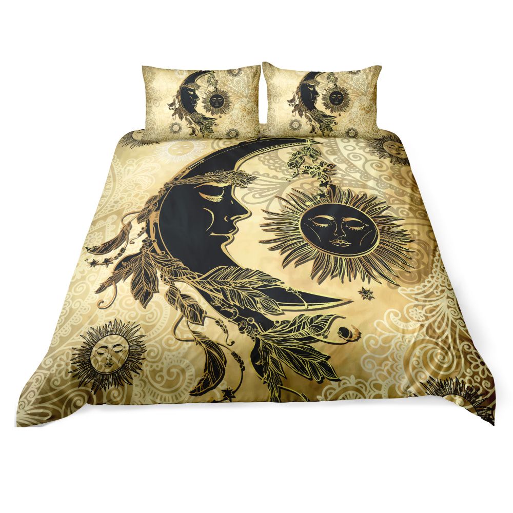 3d Golden Mandala Flowers Moon And Star Duvet Cover Dark Blue