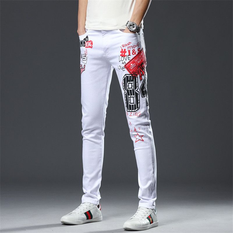 Compra Se Lavan Diseñador Pantalones Largos Para Hombre Jeans Blancos Moda  Imprimir Delgado Mosca De La Cremallera Pantalones Del Lápiz Loción Barato  | Entrega Rápida Y Calidad | Es.Dhgate