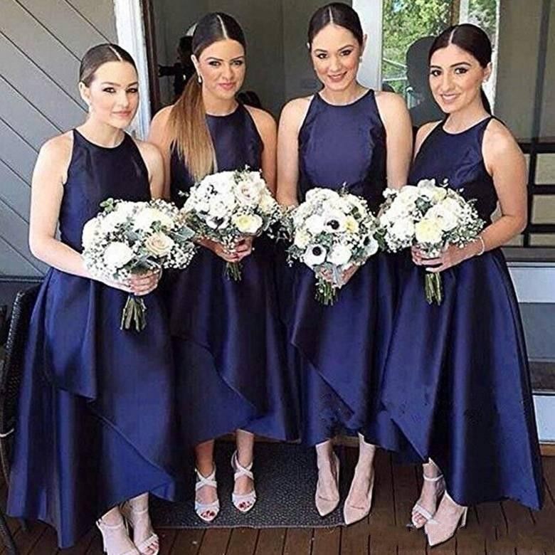 high low navy blue bridesmaid dresses