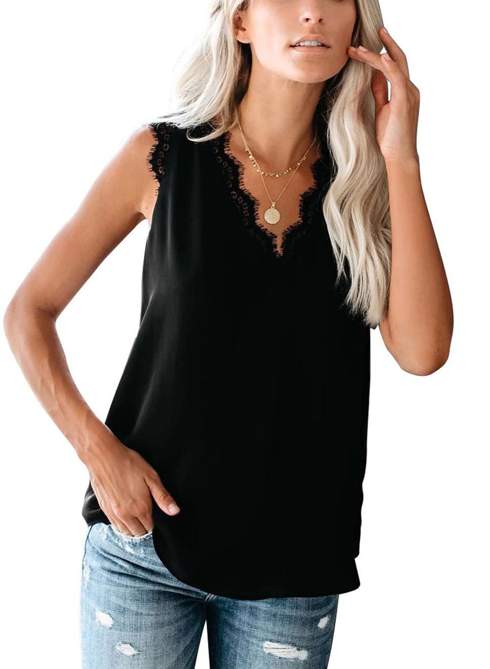 Women T-Shirt Lace Vest Sleeveless Loose Camisole Casual V-Neck Tank Tops Blouse