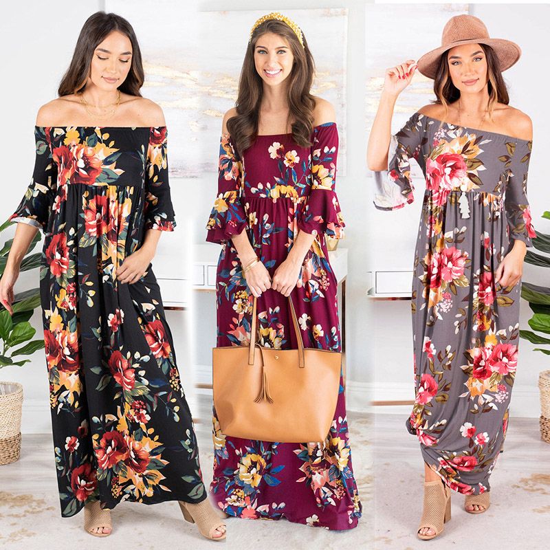 Women Flower Long Dress Ladies Bohemian ...