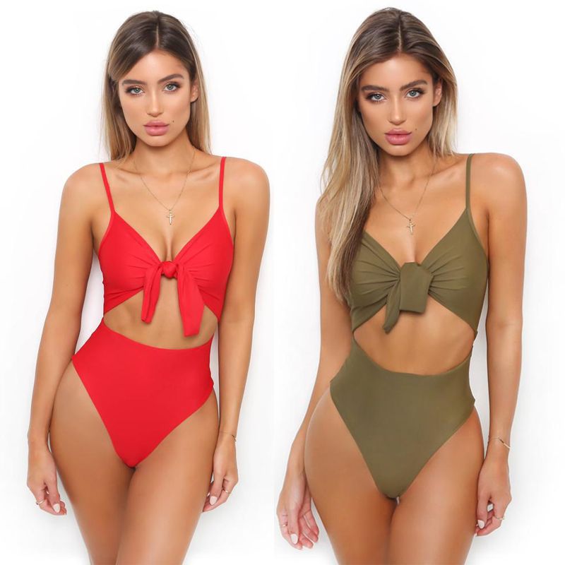 one piece bathing suit with tie in front